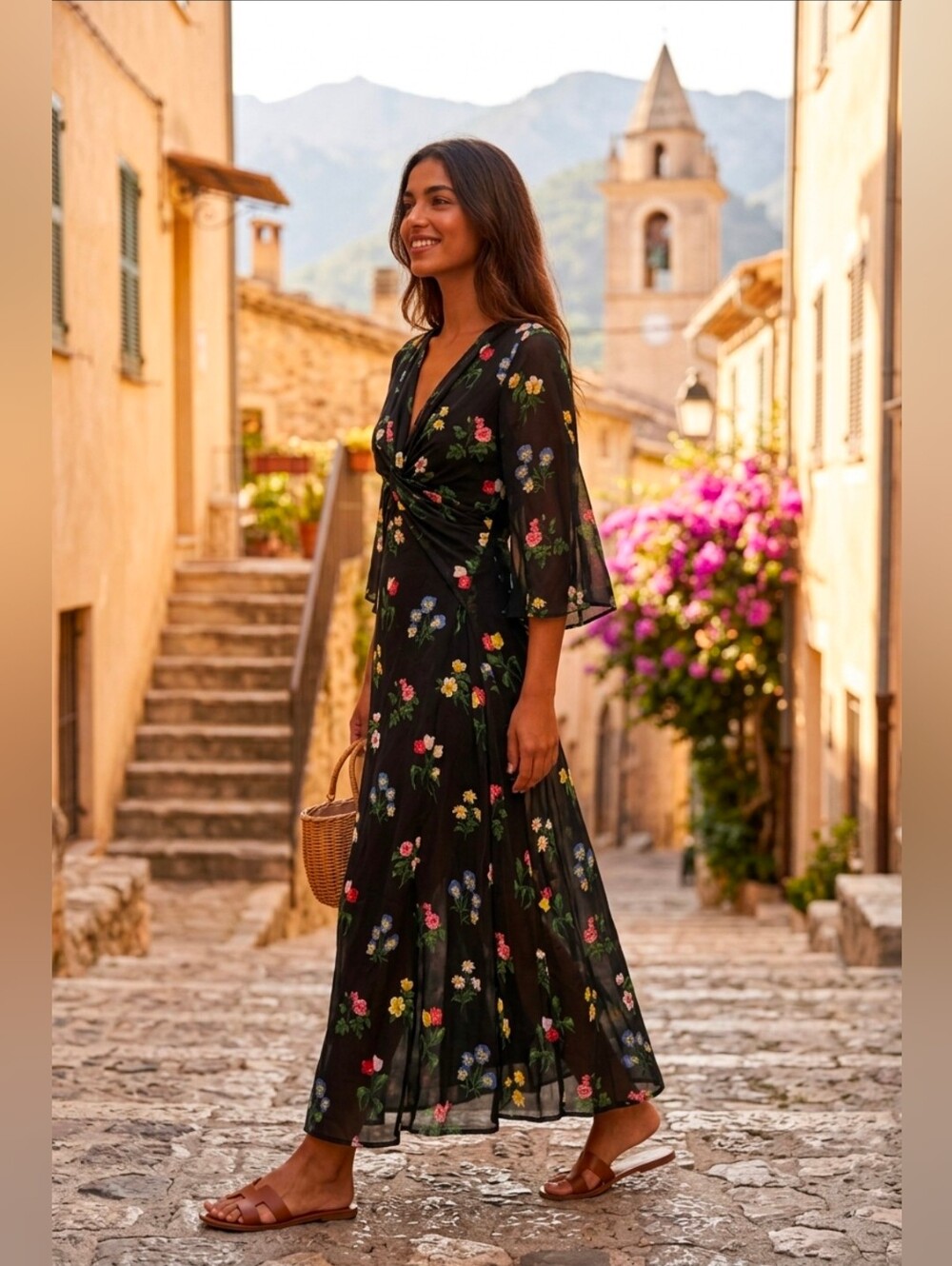 Shall We Floral Long Sleeve Dress in Black